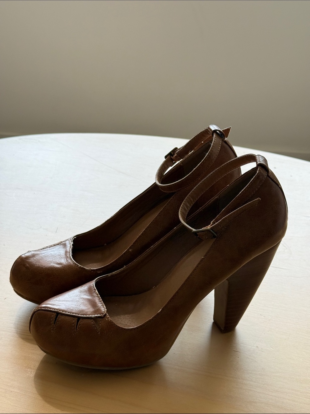 Brown Faux Leather Chunky Heel